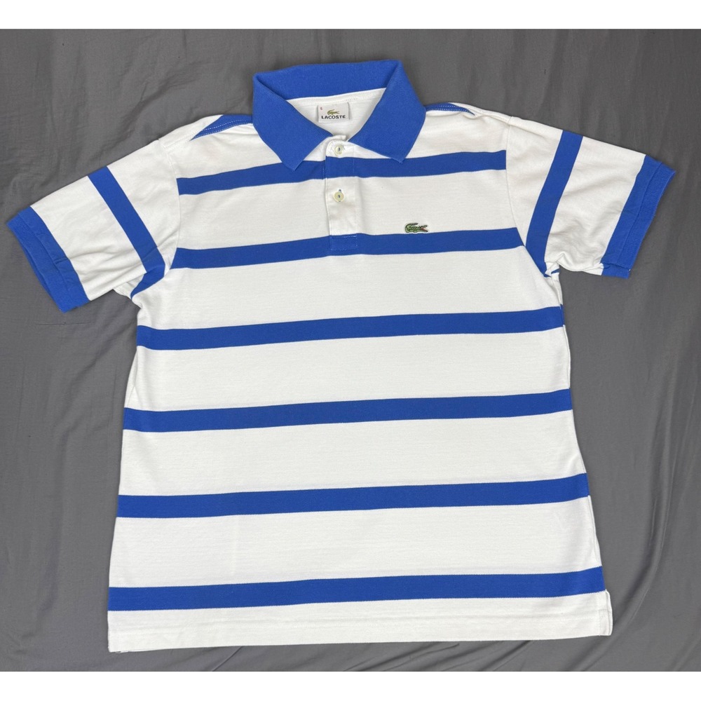 Lacoste Mens Striped Polo Shirt White Blue Size 6 XL Made in France Pique Preppy